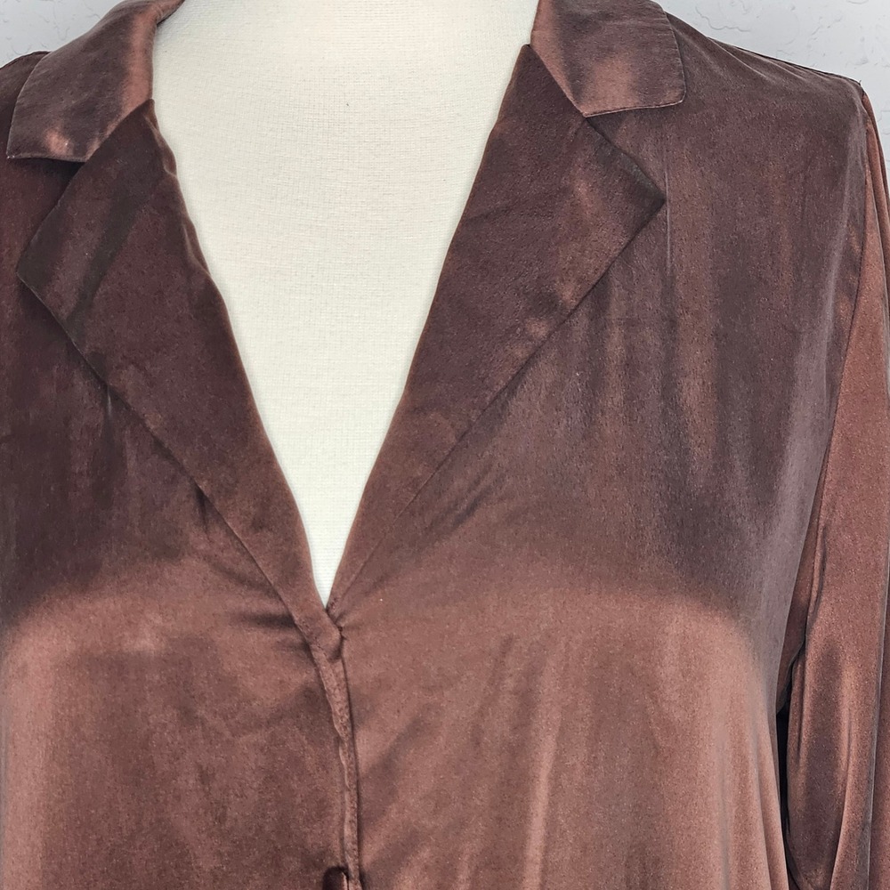 Joie Silk Button Front Blouse Copper Brown Long Sleeve Notched Collar Washable M - Picture 2 of 9
